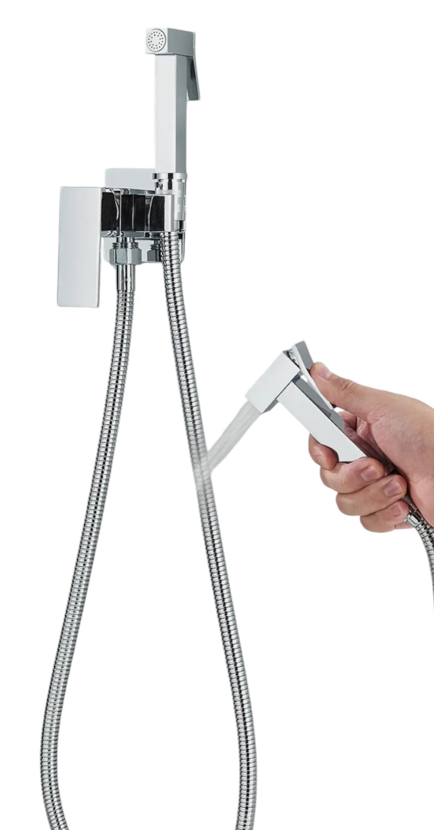 Kit de ducha con hidroescobilla para inodoro y bidé, con mezclador soporte y flexible, agua fría y caliente, cromado, diseño cuadrado moderno
