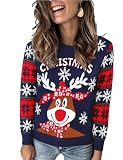 Material de alta calidad: Jersey navideño de mujer fabricado con material de alta calidad, 51,5 % viscosa, 22 % nailon/poliamida, 26,5 % PBT. Suéter de punto suave y cálido gracias al tejido de buena calidad, lo suficientemente grueso y elástico, sin rasguños ni pellizcos, cómodo de llevar.