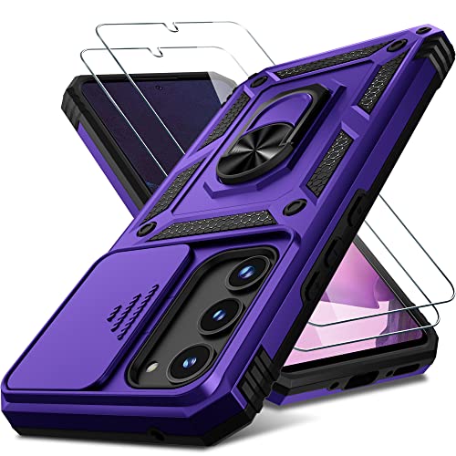 Samsung Galaxy A54 5G Case Built In Slide Camera Lens Cover And Screen Protector,Heavy Duty Shockproof Full Body Protective Phone Cover,Built In Finger Ring Stable Holder Kickstand,2023 Purple #TOP16
