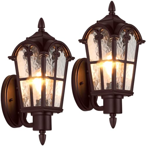 Sucolite Outdoor Wall Light Fixtures, Brown Exterior Waterproof Porch Lights Wall Lanterns, Vintage Outside Wall Sconces with Water Ripple Glass for House Front Door Garage, 2 Pack