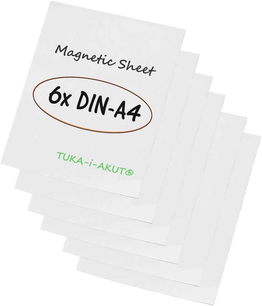 TUKA-i-AKUT 6X A4 Magnetic Sheet for Labelling, Writing, Cropping, Flexible Magnet Film, for Advertising Teaching Office Warehouse, Rubber Magnet Plate Laminated, Erasable, 6er Set in White, TKD9040