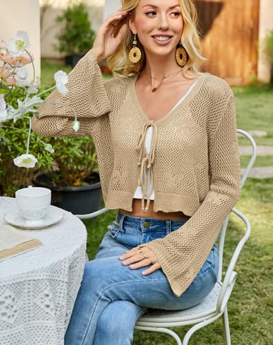 Image of Balimtoy Women Tie Front Cardigan Crochet Sweater Crop Tops Cute Bell Long Sleeve Knit Shrug Beach Vacation Cover Up