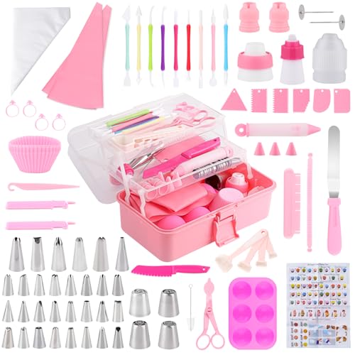 Cake Decorating Kit: Decorating Supplies Tools Kit 138 PCS Baking Accessories Include Spiping Bags and Tips Set, Piping Tips Set, Spatulas, Cake Scraper, 50 Piping Bags for Beginners, Pink