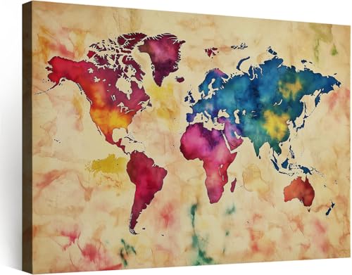 Genérico Cuadros decorativos Beige Impreso en Lienzo 1 pieza, Lienzos Dormitorio Decoración Acuarela Vintage Mapa del Mundo Cuadros para Pasillo Oficina Comedor Baño (40 x 30 cm) con Marco