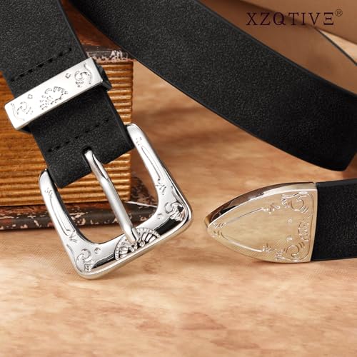 XZQTIVE Women Western Belt For Cowgirl Cowboy Suede Belt For Pants Jeans Vintage Leather Belts With Silver Carved Buckle3