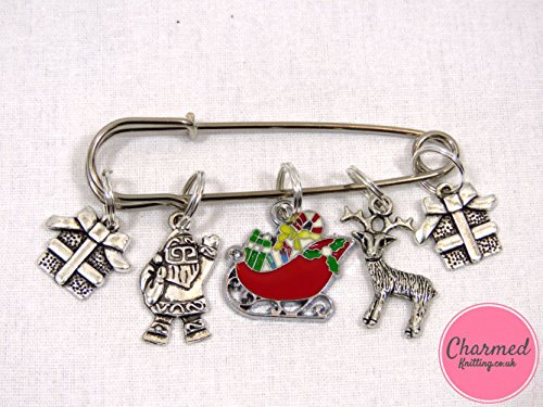 Charmed Knitting - Marcadores para tejer (5 unidades, plata), diseño de Papá Noel y trineo