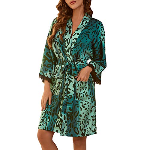 Baugger Robe noturno feminino de cetim leopardo com punhos amarrados com cinto e pijamas elásticos s
