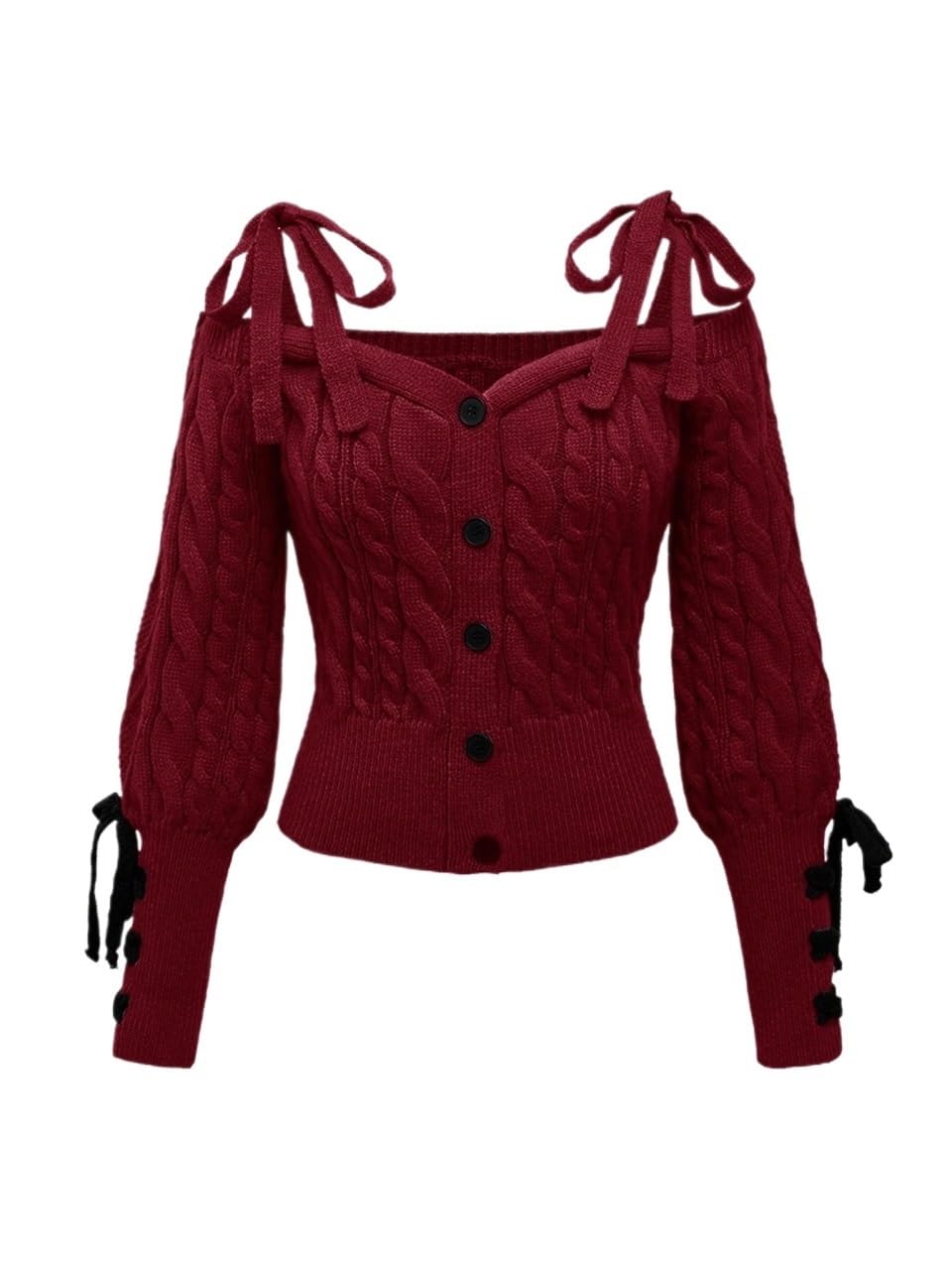 Womens Fashion Casual Cardigan Sweater Tied Off Shoulder Puff Sleeve Crop Cardigan
