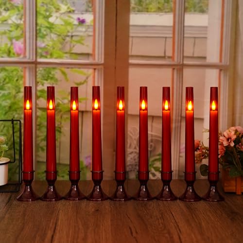 Image of Flameless Taper Candles Flickering with Remote and Timer, 9 Pack Led and Battery Operated Candles for Home Decoration, Party, Weddings, and Holiday Celebrations（Red）