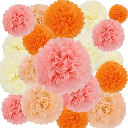 Image of BestoFun 16Pcs Pink & Orange Party Decorations - Pom Poms, Paper Flowers & Boho Groovy Decorations for Fall, Autumn, Thanksgiving, Birthday, Baby Showers & Weddings