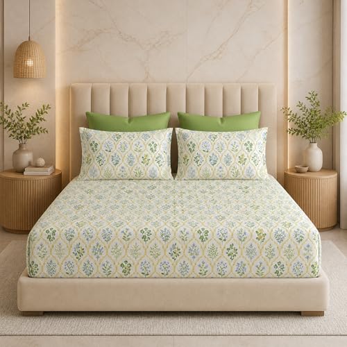 Image of THEA King Elastic Fitted Double Bedsheet Set| 100% Cotton Like Soft Fabric | Microfiber King Elastic Double Bedsheet for King Size Bed (72 X 78 x 10 inches) with 2 Pillow covers,Verdant Trellis