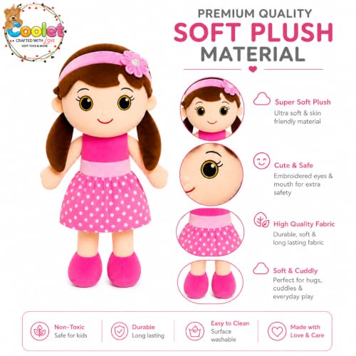 Image of Soft Plush Doll for Kids | Cute Rag Doll with Braided Hair & Cap | Washable Stuffed Toy for Girls & Boys | Birthday Gift for Kids (Multicolor) (Pink dots)