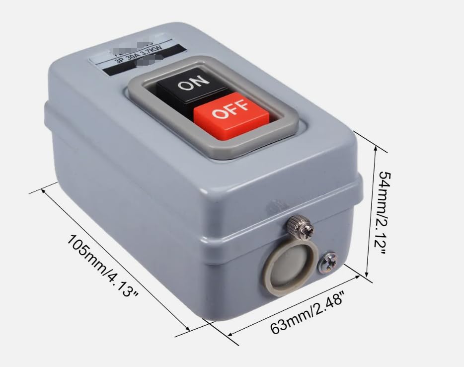 Dimensions of the power switch box showing length, width, and height.
