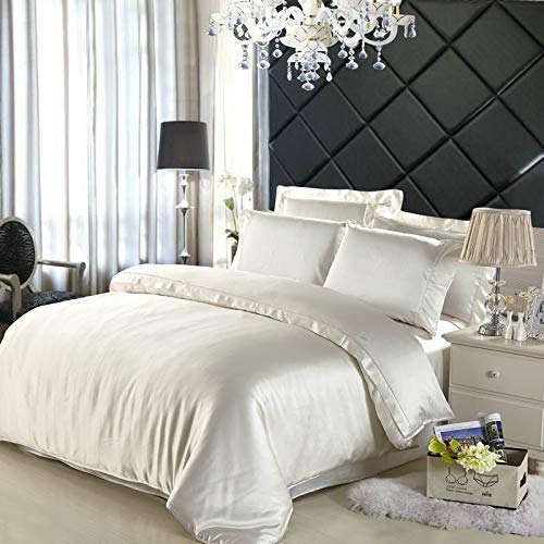 Bedify Bedding 100% Pure Silk Satin Duvet With Fitted Set 4 Pcs Silk Fitted Sheet 15" Deep Pocket Silk Duvet Cover Pillowcases Set|Cool Soft Silk Sheets|Wrinkle Free Fade Resistant (Queen, Ivory) #TOP5
