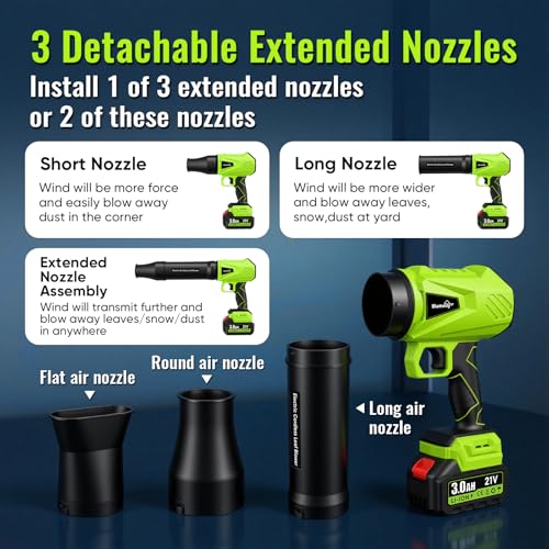 Image of Blumway Leaf Blower Cordless with Battery, 21V Handheld Leaf Blower with 3 Extended Nozzles, Electric Leaf Blowers with 2 Pcs 3.0Ah Batteries, Portable Leaf Blowers for Lawn Care, Leaves,Dust, Car