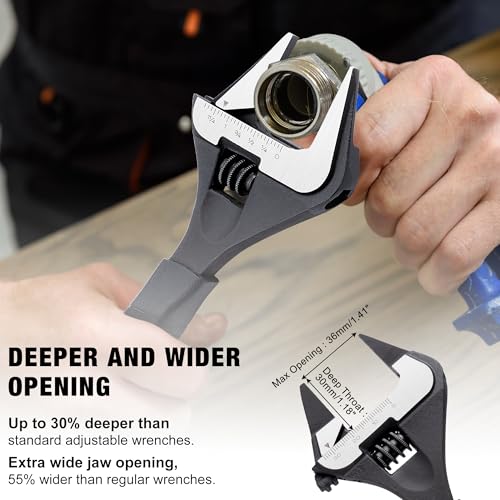 Image of MAXPOWER 8-inch Slim Jaw Adjustable Wrench, Wide Jaw Opening Adjustable Wrench, Dual Scale with Metric and SAE Plumbing Wrenches, Soft Grip Handle