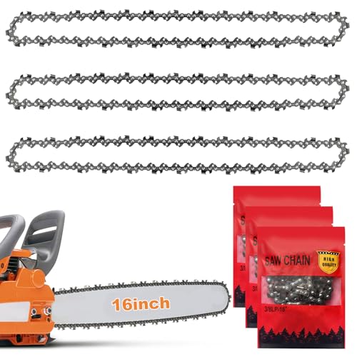 3-Pack Chainsaw Chain for 16 Inch (40cm) Bar 57 Drive Links 3/8 LP 0.050 (1.3mm) Gauge 65 Manganese Steel Replacement Chain Compatible with Titan Black & Decker Einhell Ryobi and Other Chainsaws