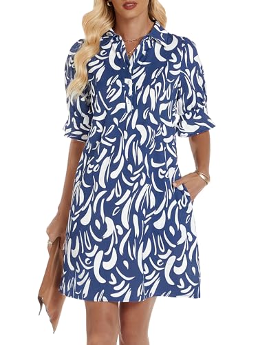 Image of FENSACE Womens Casual Shirt Dress Ruffle Sleeve Button Down Shift Summer Dresses with Pockets