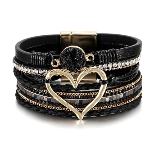 Leopard Bracelet for Women, Boho Leather Wrap Multi-Layer Pearl Crystal Bracelet Bangle Jewelry (Heart Leather(Black))