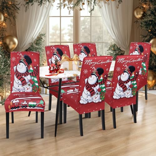 Image of SearchI Christmas Chair Covers Set of 6, Stretch Xmas Kitchen Chair Cover Removable Washable Holiday Parsons Chair Slipcovers for Dining Room, Christmas Decoration, Ceremony(Christmas-Snowman)