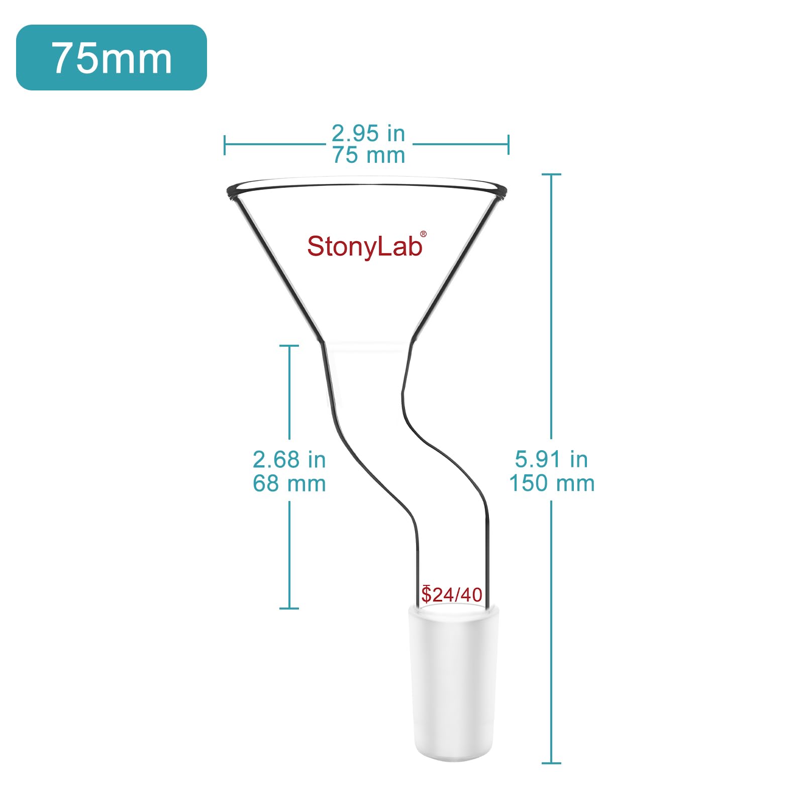 stonylab Imbuto per Polveri con Design Decentrato, Vetro Borosilicato con Giunto Standard 24/40, Diametro Superiore 75mm, Resistente e Riutilizzabile per Laboratorio, Ricerca e Insegnamento