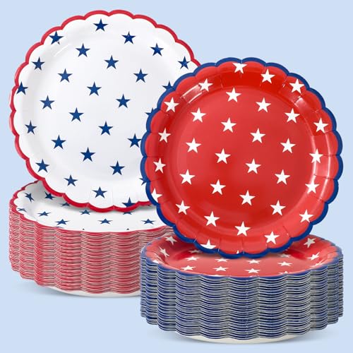 JarThenaAMCS 50 Pcs Patriotic Disposable Paper Plates Star Scalloped 9 In