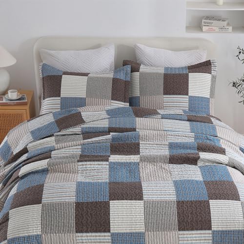Image of Finlonte Quilt King Size - 100% Cotton Plaid King Size Comforter Set Farmhouse Modern Quilt Bedding Set, Reversible Lightweight Soft Bedspread, Blue Brown Quilted Coverlet All-Season, 3-Piece