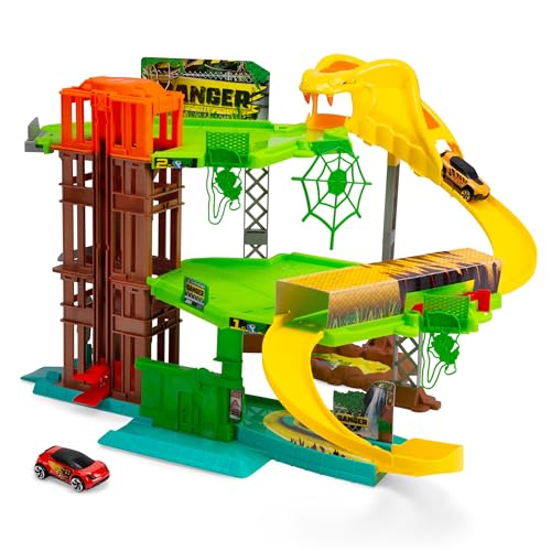 Dickie Toys - Auto-Rennbahn Jungle Garage (50x55x32 cm) inkl. Spielzeugauto aus Metall - Parkhaus auf 3 Etagen mit Aufzug und Tunnel, Spielzeug-Autobahn für Kinder ab 3 Jahre
