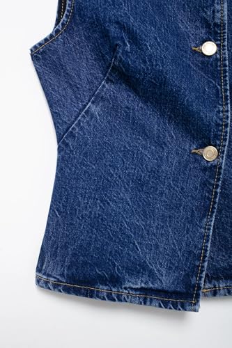 Women's Sleeveless V-Neck Asymmetric Design Denim Vest, Button Front, Dark Blue3