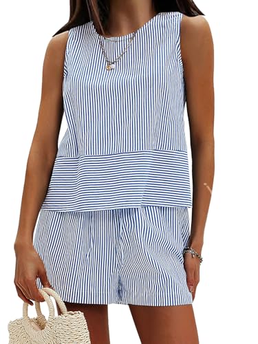 Image of EXLURA Women's Summer 2 Piece Outfits Sleeveless Tank Top Matching Shorts Sets Cotton Striped Sweatsuits Vacation Beach 2025