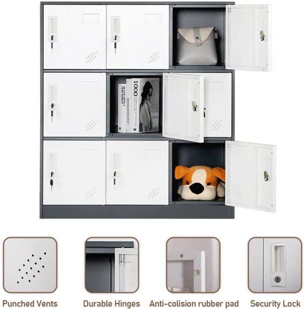 Miniatura 5 de Armario de almacenamiento de metal de 9 puertas para oficina, hogar, gimnasio, escuela, gabinete de acero para almacenamiento de archivos, juguetes,