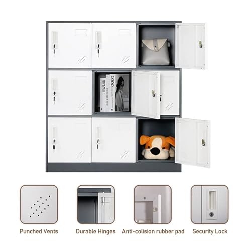 Lingzoe 9 Door Metal Storage Locker Cabinet For Employees，Steel Cabinet To Storage Toys, Shoes And Clothes，Locker Organizer For Gym Office Bedroom (Grey&White) #TOP3