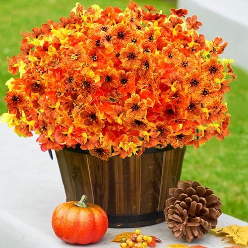 Satefello Artificial Fall Flowers for Outdoors, 10 Bundles Artificial Plants UV Resistant Fall Fake Plants for Outside Halloween Christmas Porch Decoration Fall Decor(Orange(Eucalyptus)) - image 9