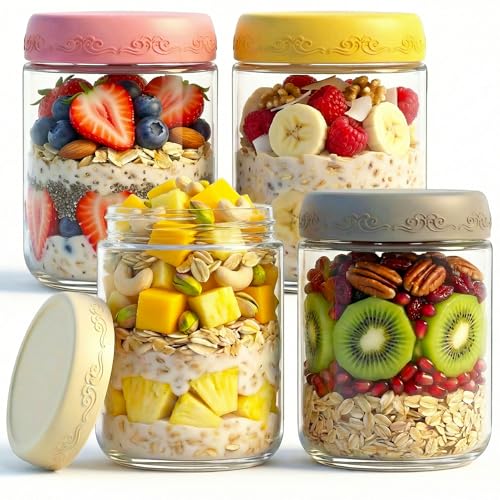 GLATABAM 16 OZ 4Pack, Overnight Oats Jars with Lids, Glass Meal Prep Containers, Airtight Mason Jars...