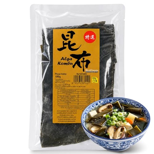 Alga kombu, Alga Marina deshidratada, son ideales para preparar dashi, Sin Gluten, Apto para Vegetariano, Vegano, Sin Conservantes, Contiene 1 paquete de 100 gr de hojas