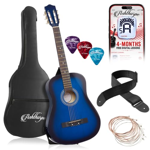 Ashthorpe 38-inch Beginner Acoustic Guitar (Blue), Starter Kit with Gig Bag, Extra Strings, Strap, Picks, and Lessons