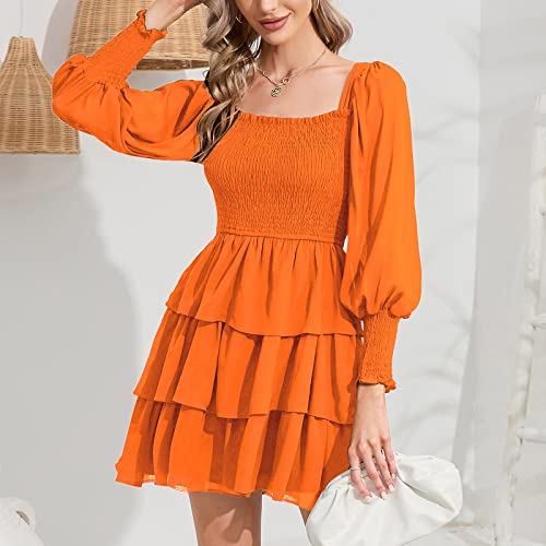 Byinns Women's Square Neck Ruffle Dress Long Sleeve Floral Print Tiered Tie Back Layered Swing Mini Dress #TOP3