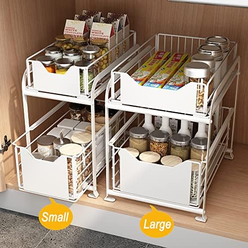 Under Sink Organiser, Cupboard Storage Baskets with Drawer, 2 Tier Metal Sliding Cabinet Baskets Organizer for Kitchen and Bathroom