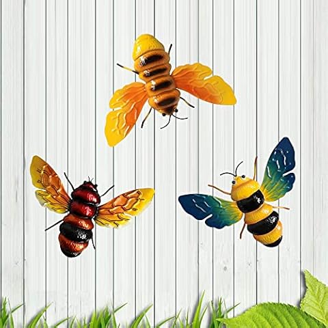 Metal Bee Wall Art - Bee Sculpture Garden Wall Decoration, Honey Bee for Outdoor Home Garden Patio Yard Lawn Fence, Set 3 Cover