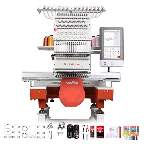 PooLin EOX Embroidery Machine 15 Needles 14x20 inch Area, Full Metal Body 1200spm Auto Color Change & Thread Trimming, WiFi Upload, for Cap Hoodie T-Shirt Jacket Pants, Full Accessories & Training