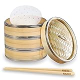 Qualität Bambusdämpfer Bio, mit 3 Ebenen inkl. Deckel - Ideal für Dumplings, süßen Reis, oder Gemüse dämpfen (Enthält 10 Paar Bambus - Essstäbchen und 100 Stücke Runde Dampfgarer Papier) 27cm
