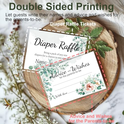 Image of Baby Shower Games, Greenery Diaper Raffle Box, 50 PCS Diaper Raffle Tickets Card Box with Advice and Wishes for the Parents-to-be, Baby Shower Decorations, Diaper Raffle Sign