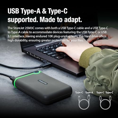 Image of Transcend StoreJet 4TB Rugged External Hard Drive, USB3.1(5Gbps) Type-C Portable HDD, One Touch Auto-Backup Button /Anti-Shock Resistant /Compact&Lightweight&Lightning Fast-Speed, Iron Grey-TS4TSJ25M3C