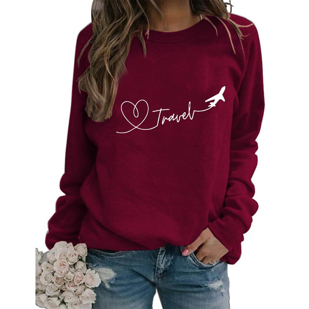 KOGYAS Women Travel Sweatshirt Funny Letter Print Airplane Graphic Tops Casual Long Sleeve Fall Vacation Pullover Top