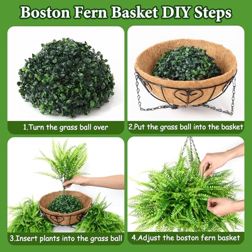KHOYIME Artificial Hanging Plants with Basket 2PCS Fake Boston Fern Baskets, Outdoor Faux Greenery Stems Hanging Decor UV Resistant Indoor Outside Decorations for Home Garden Porch Balcony Patio Yard