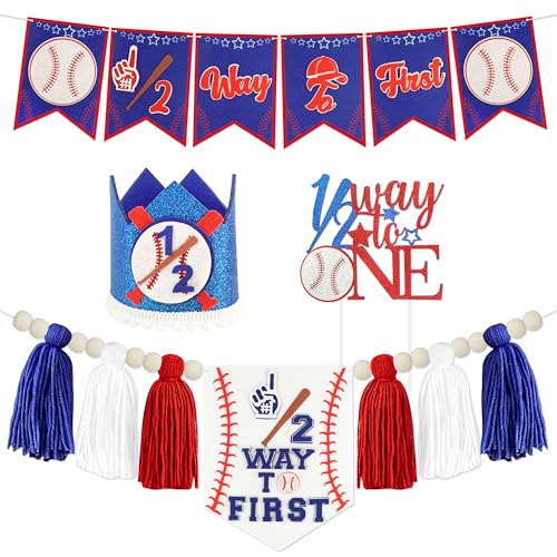 Image of Baseball 1 /2 Birthday Decorations Kit - Includes inch1 /2 Way to First inch Banner, High Chair Garland, Cake Topper, Soft Crown & Photo Backdrop for 6-Month Rookie Party