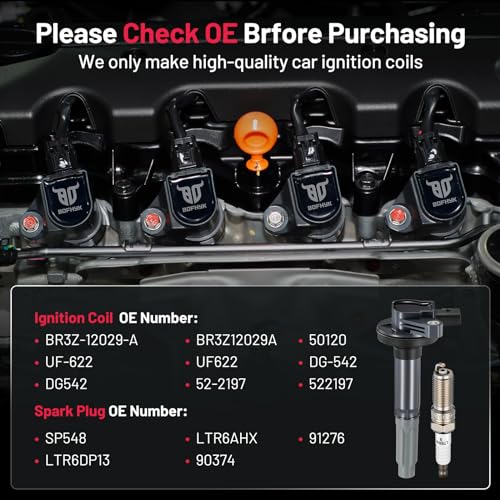Image of BDFHYK Ignition Coil Pack UF622 and Iridium Spark Plugs SP548 Compatible with Ford F150 2011-2016 Mustang 2011-2015 5.0L V8 Ford Oem Coil Pack Coil for F-150 DG542 522197 LTR6AHX 91276 Set of 8