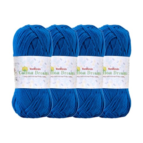 Image of Vardhman 100% Cotton Dreamz Light Weight Natural Thin Yarn | Pack-4 100g | Knitting & Crochet Projects | Soft Natural Yarn | Ideal for Garments, Summer Wear & Accessories | Royal Blue, CJH016 P4