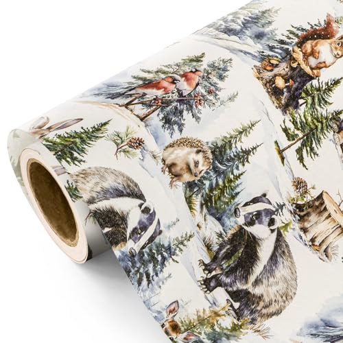 WRAPAHOLIC 30 Inch Kraft Christmas Wrapping Paper - 30 Inch x 33 Feet - White Wild Animals Winterfall Watercolor Design for Christmas, Holiday, Party Celebration