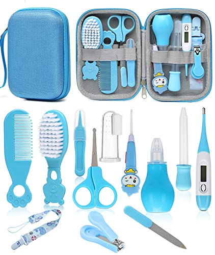 Image of Baby Healthcare and Grooming Kit, Safety Newborn Nursery Care Set, with Hair Brush Comb, Nail Clipper, Thermometer, Pacifier Clip, Nasal Aspirator for Newborn Infant Baby Girls Boys (Blue)